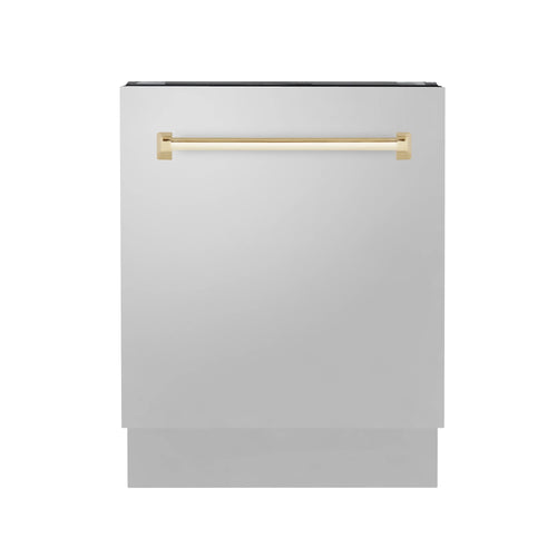 ZLINE Autograph Edition 24-Inch 3rd Rack Top Control Tall Tub Dishwasher in Stainless Steel with Gold Handle, 51dBa (DWVZ-304-24-G)